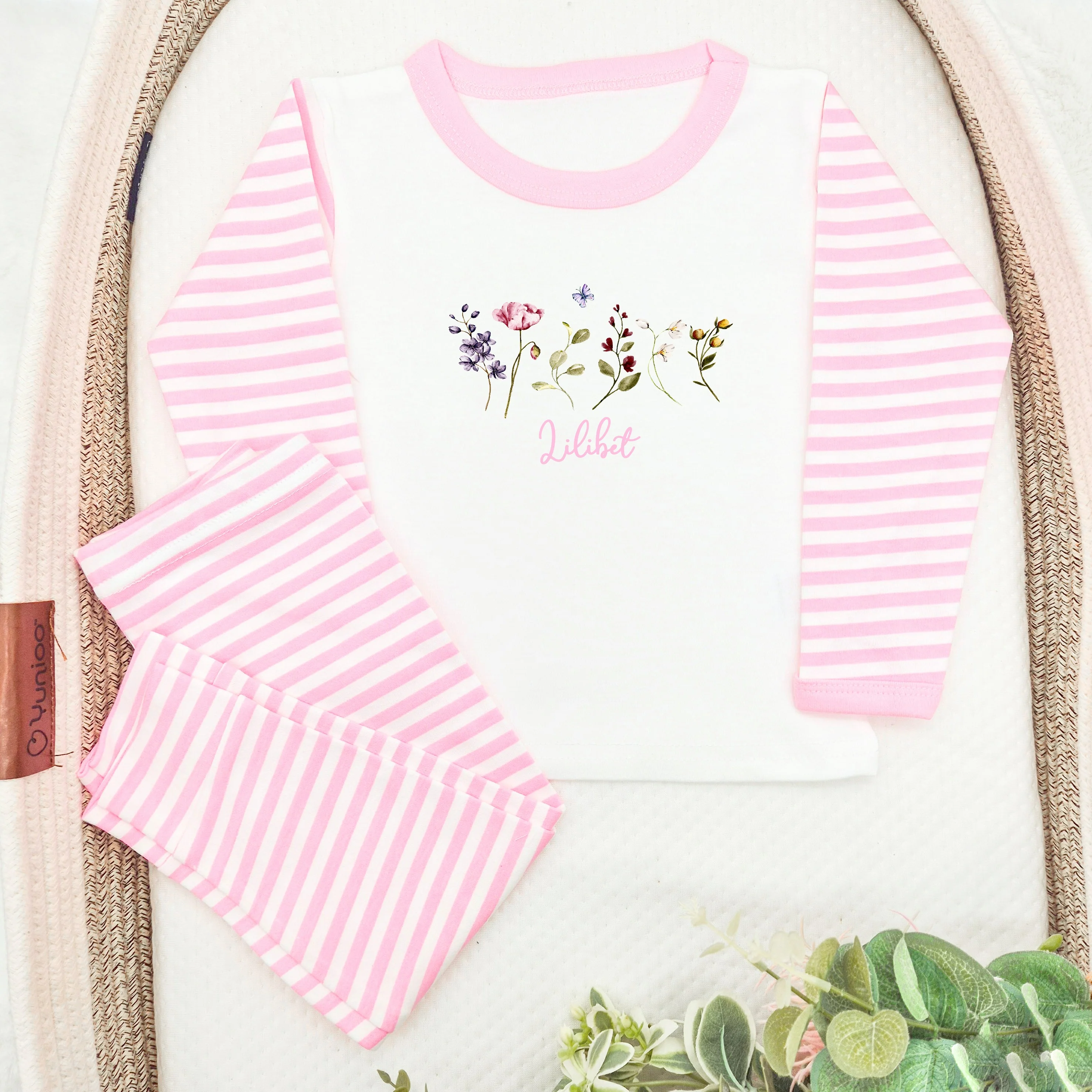Personalised Wild Flower Pink/Lilac Stripe Pyjamas