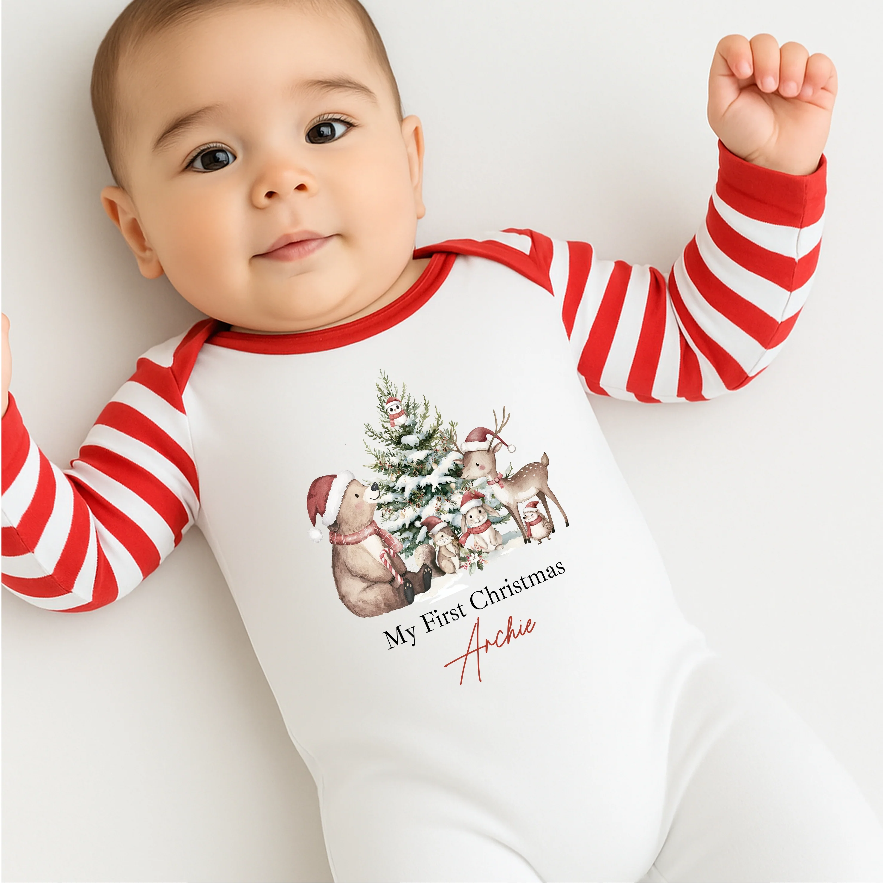 Personalised Woodland Bear First Christmas Baby Grow/Vest/Bib - Image 3