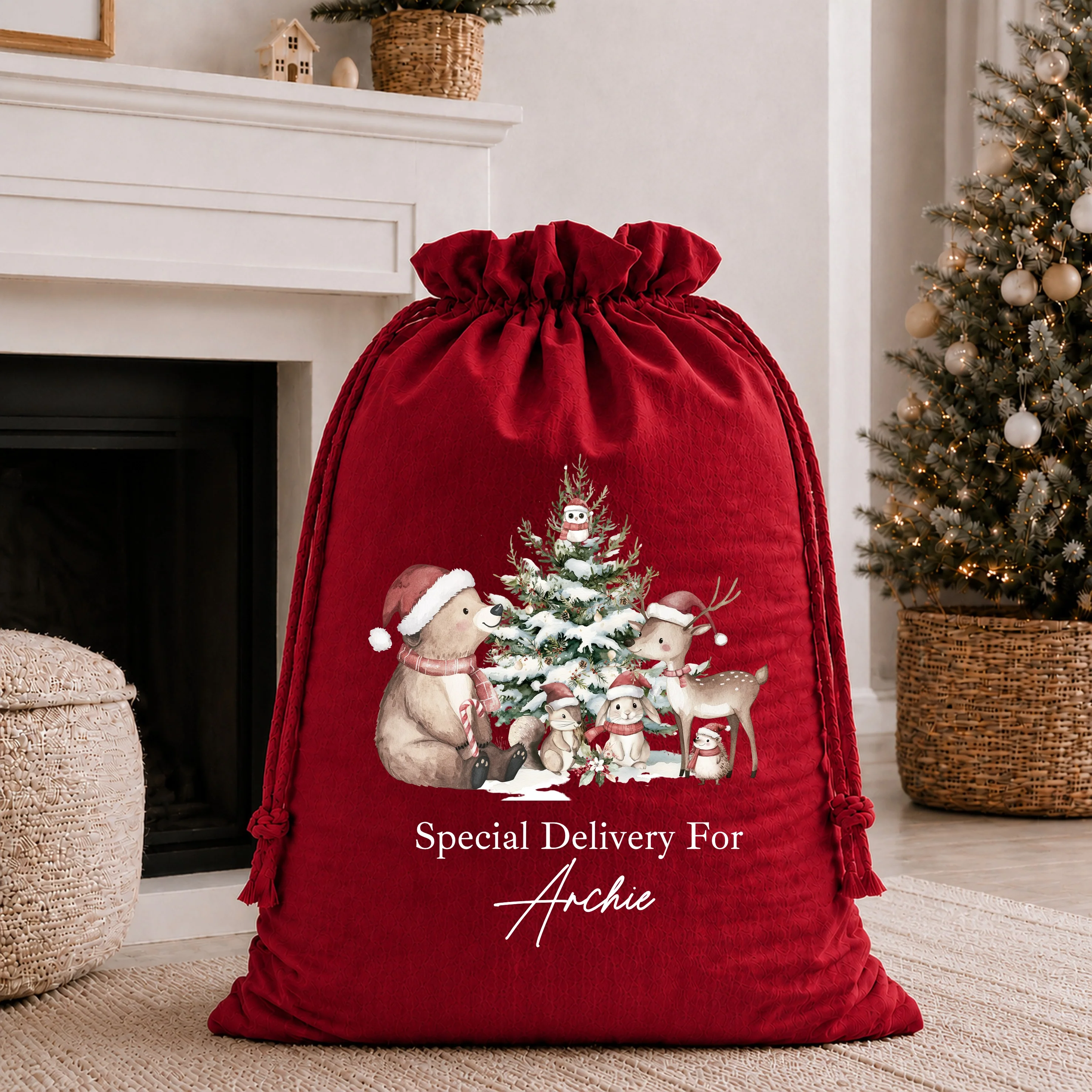 Personalised Woodland Bears My First Christmas Santa Sack or Stocking