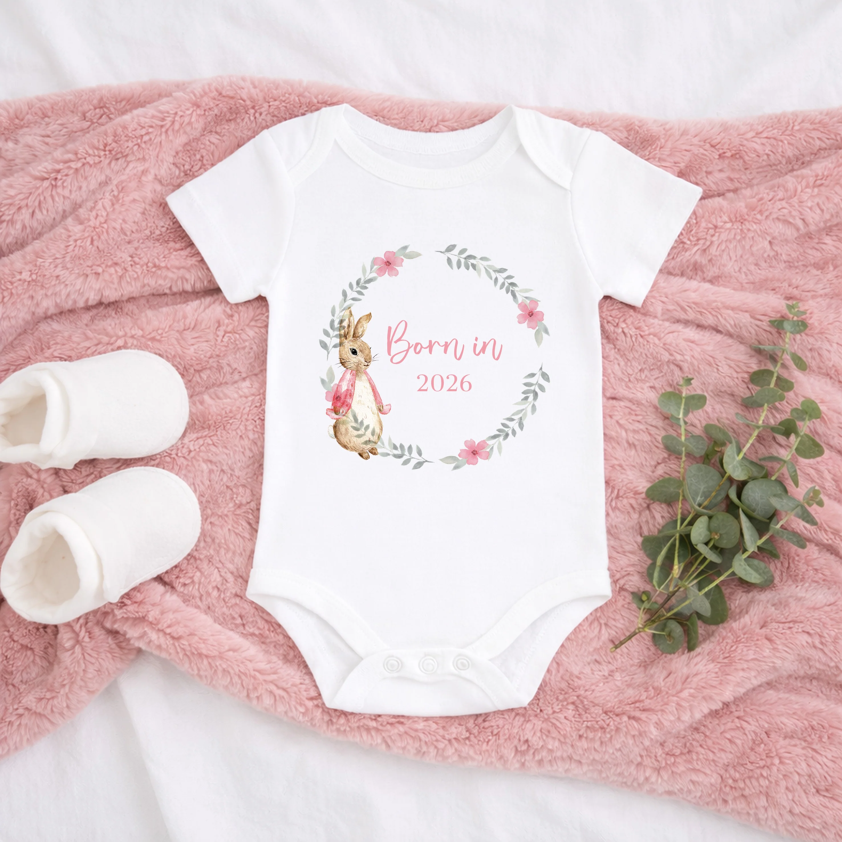 Pink Rabbit Wreath Born in 2026 Baby Grow, Vest or Bib - Image 6