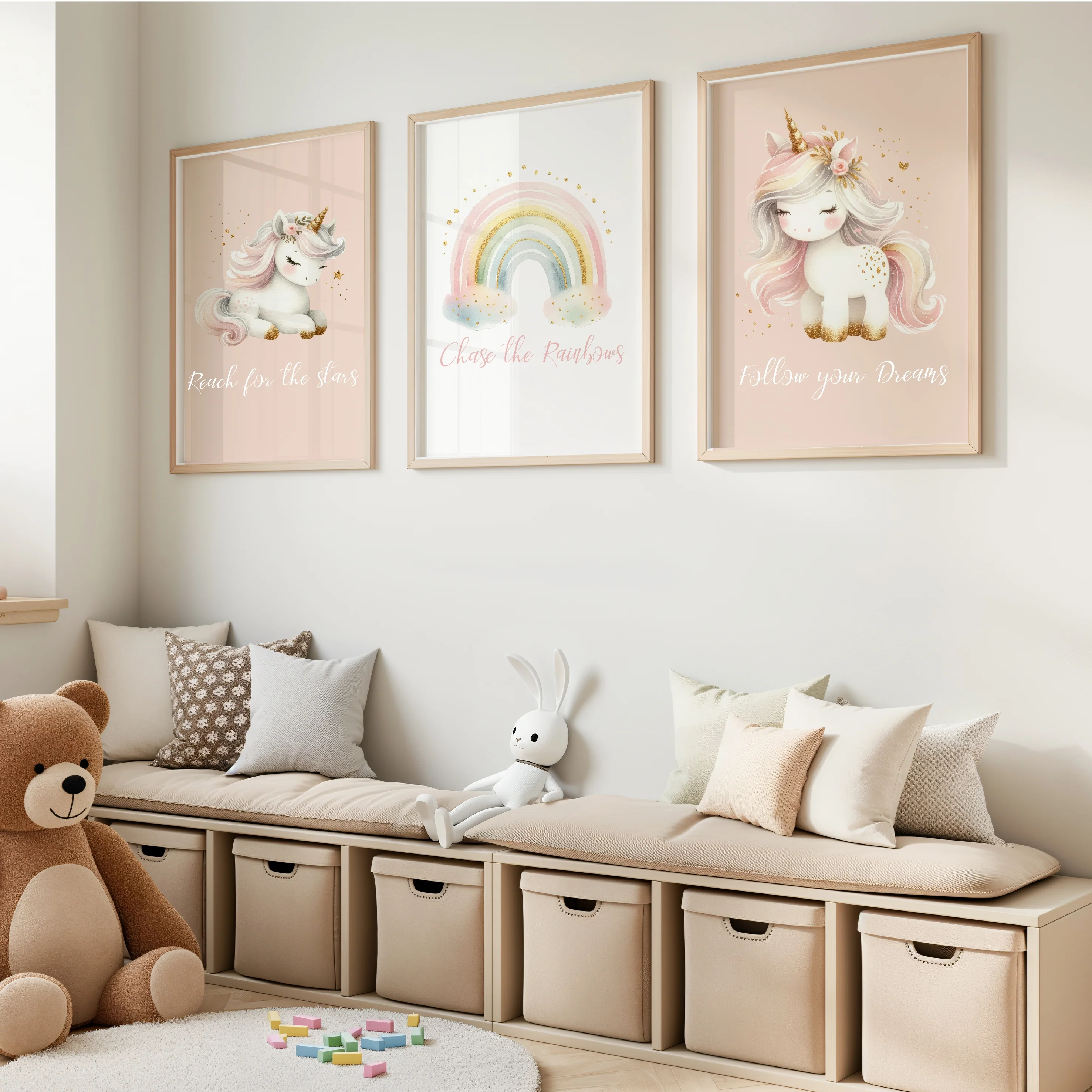Pink Unicorn and Rainbow Set of 3 Wall Art - Image 2